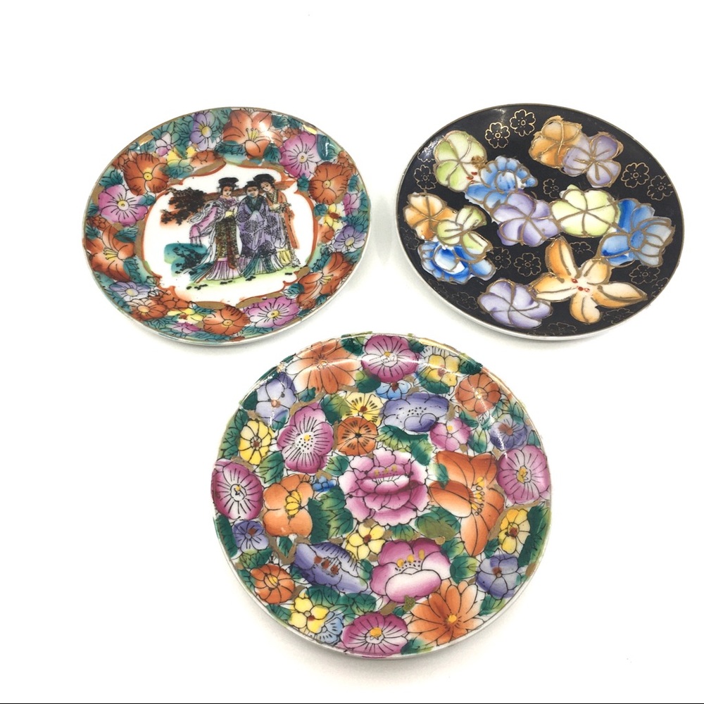 3 Floral Chinese Hand Painted Plates